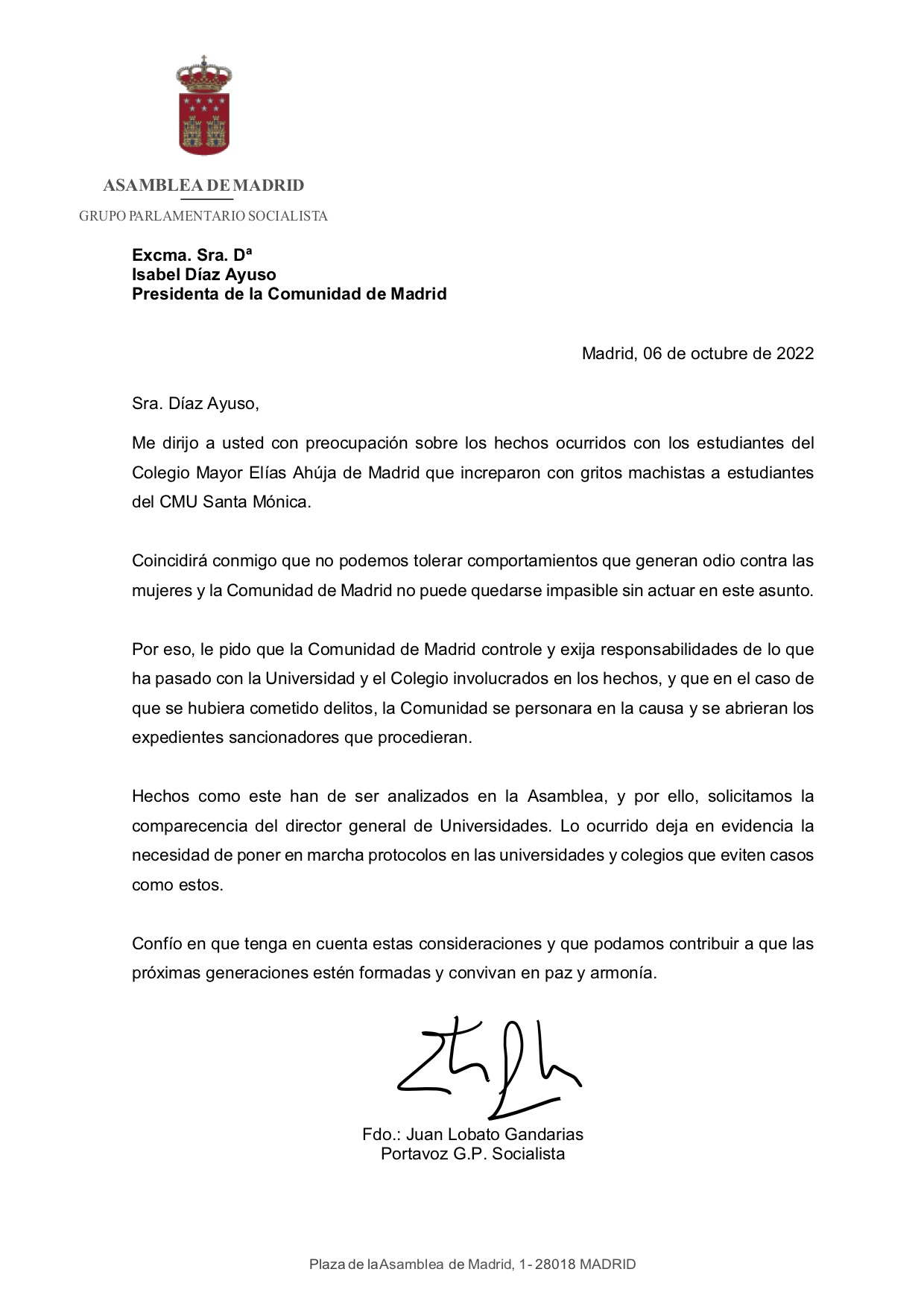 Carta de Juan a Lobato a Diaz Ayuso por el video viral de los alumnos del Colegio Mayor Elías Ahuja